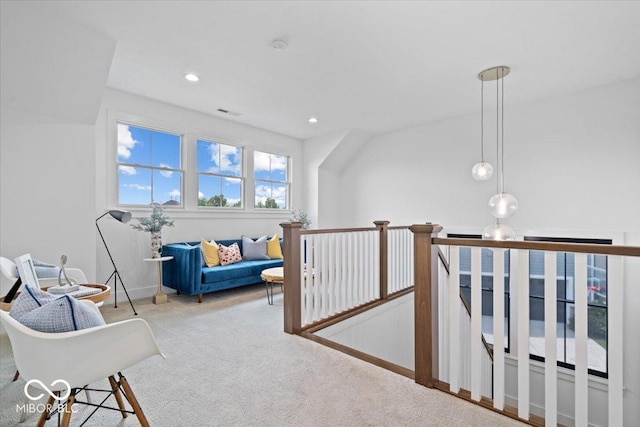 20440 Chatham Hills Blvd, Westfield, IN 46074 - living area featuring an upstairs landing, carpet, and recessed lighting