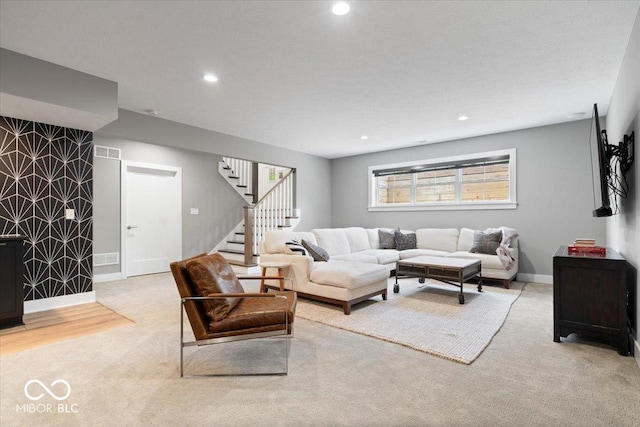 20440 Chatham Hills Blvd, Westfield, IN 46074 - carpeted living room featuring recessed lighting and stairway