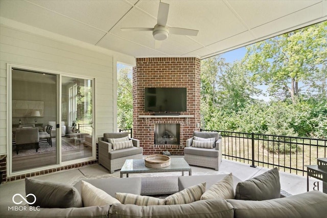 2840 Flowing Creek Pl, Westfield, IN 46074 - view of patio / terrace with an outdoor living space with a fireplace and ceiling fan