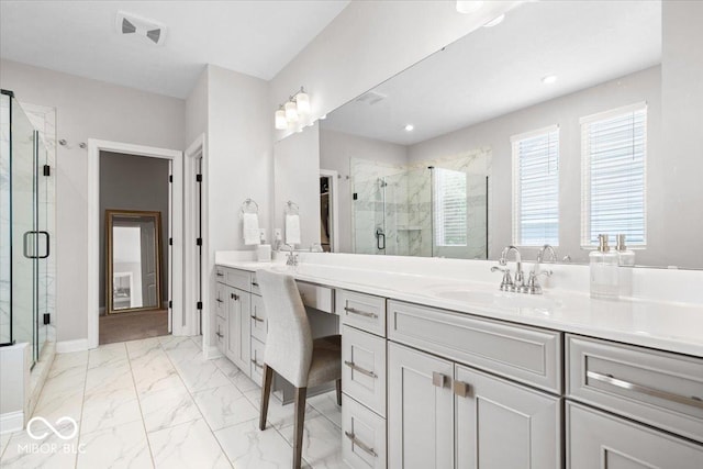 2840 Flowing Creek Pl, Westfield, IN 46074 - bathroom featuring double vanity, a marble finish shower, and marble look tile flooring
