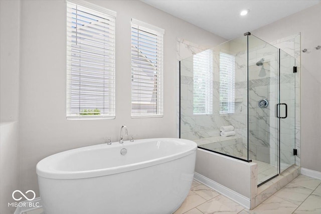 2840 Flowing Creek Pl, Westfield, IN 46074 - full bathroom featuring a freestanding bath, marble finish flooring, and a marble finish shower