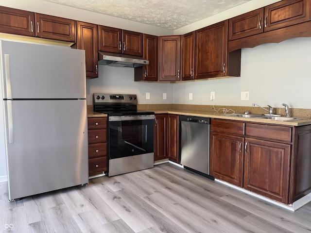 2359 Bremhaven Ct, Indianapolis, IN 46229 - kitchen featuring appliances with stainless steel finishes, under cabinet range hood, light wood-style flooring, and a textured ceiling