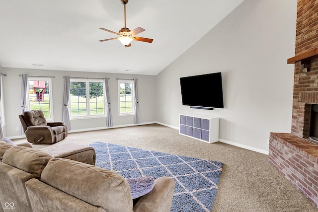 421 Lowry St, Jamestown, IN 46147 - carpeted living room with a brick fireplace, ceiling fan, and lofted ceiling