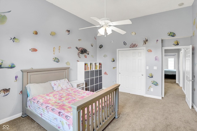 421 Lowry St, Jamestown, IN 46147 - carpeted bedroom with high vaulted ceiling and a ceiling fan