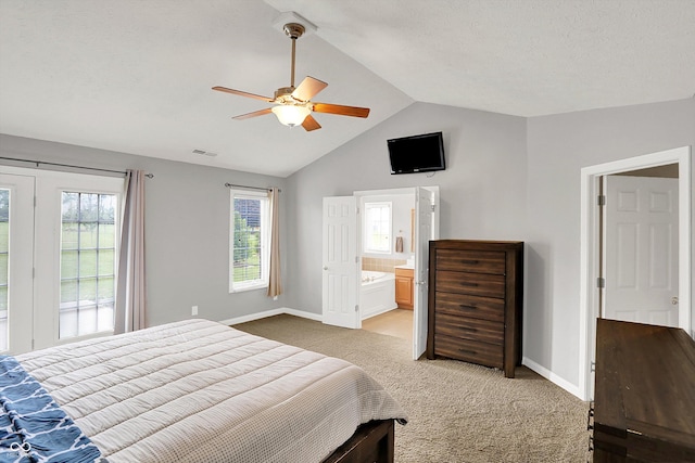 421 Lowry St, Jamestown, IN 46147 - bedroom featuring light colored carpet, vaulted ceiling, ensuite bathroom, and ceiling fan