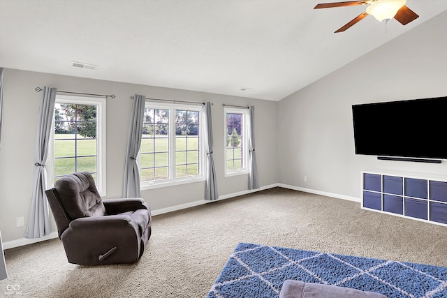421 Lowry St, Jamestown, IN 46147 - unfurnished living room with carpet, healthy amount of natural light, lofted ceiling, and ceiling fan