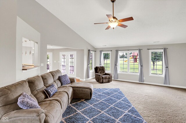 421 Lowry St, Jamestown, IN 46147 - living room with carpet flooring, a ceiling fan, and high vaulted ceiling