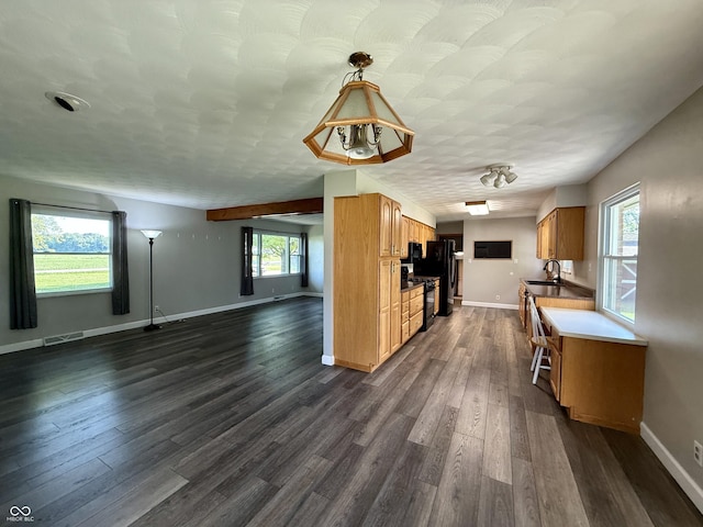 9808 E Troy Ave, Indianapolis, IN 46239 - kitchen featuring plenty of natural light, dark wood finished floors, open floor plan, and black gas range oven