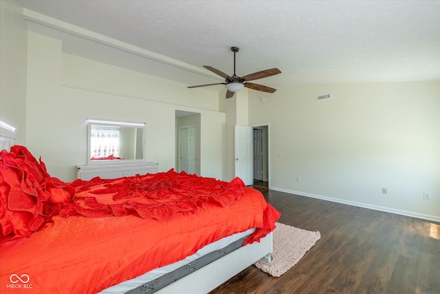 3624 Newberry Rd, Plainfield, IN 46168 - bedroom featuring dark wood-style floors, vaulted ceiling, and ceiling fan