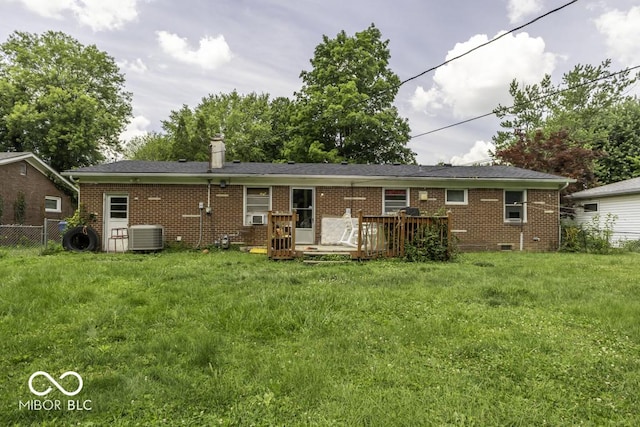 462 Woodview Dr, Noblesville, IN 46060 - rear view of property featuring brick siding, a wooden deck, a chimney, crawl space, and cooling unit