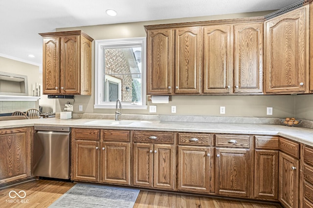11 Stratford Way, Danville, IN 46122 - kitchen featuring dishwasher, wood finished floors, light countertops, crown molding, and recessed lighting