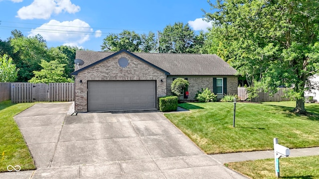 7683 Madden Dr, Fishers, IN 46038 - ranch-style home with brick siding, an attached garage, roof with shingles, and driveway