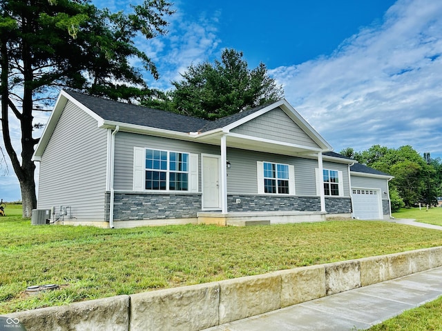 10 Doe Creek Cir, Cloverdale, IN 46120 - single story home featuring a garage, a front yard, stone siding, and concrete driveway