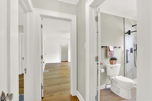 6711 Lafayette Rd, Indianapolis, IN 46278 - full bath featuring a shower stall, ornamental molding, and wood finished floors
