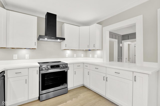 6711 Lafayette Rd, Indianapolis, IN 46278 - kitchen with stainless steel electric range, wall chimney exhaust hood, light wood finished floors, white cabinetry, and crown molding