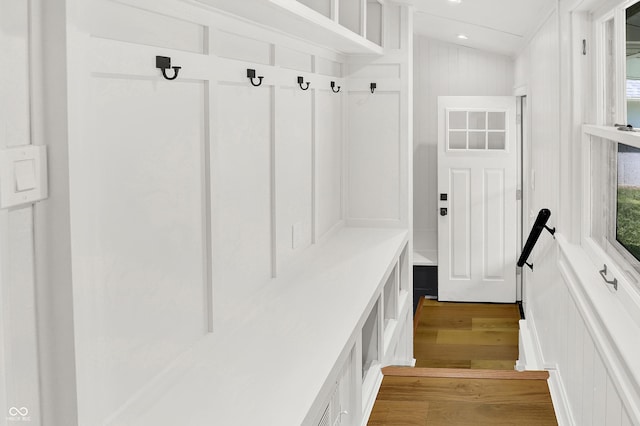 6711 Lafayette Rd, Indianapolis, IN 46278 - mudroom with wood finished floors, recessed lighting, and a decorative wall