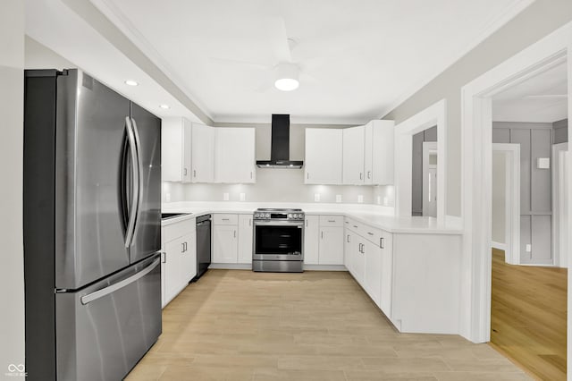 6711 Lafayette Rd, Indianapolis, IN 46278 - kitchen with appliances with stainless steel finishes, wall chimney exhaust hood, light countertops, light wood-type flooring, and ornamental molding