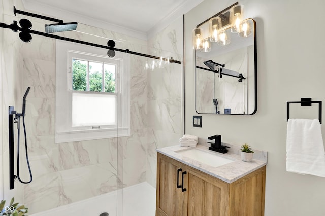 6711 Lafayette Rd, Indianapolis, IN 46278 - bathroom with vanity, a marble finish shower, crown molding, and a chandelier