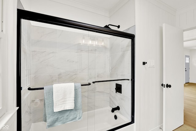 6711 Lafayette Rd, Indianapolis, IN 46278 - full bathroom with ornamental molding, combined bath / shower with glass door, and wood finished floors