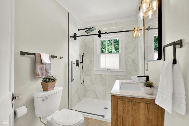 6711 Lafayette Rd, Indianapolis, IN 46278 - full bath featuring ornamental molding, vanity, and a marble finish shower
