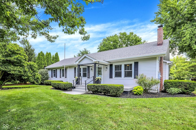 6711 Lafayette Rd, Indianapolis, IN 46278 - ranch-style home featuring a chimney, a front lawn, and a shingled roof