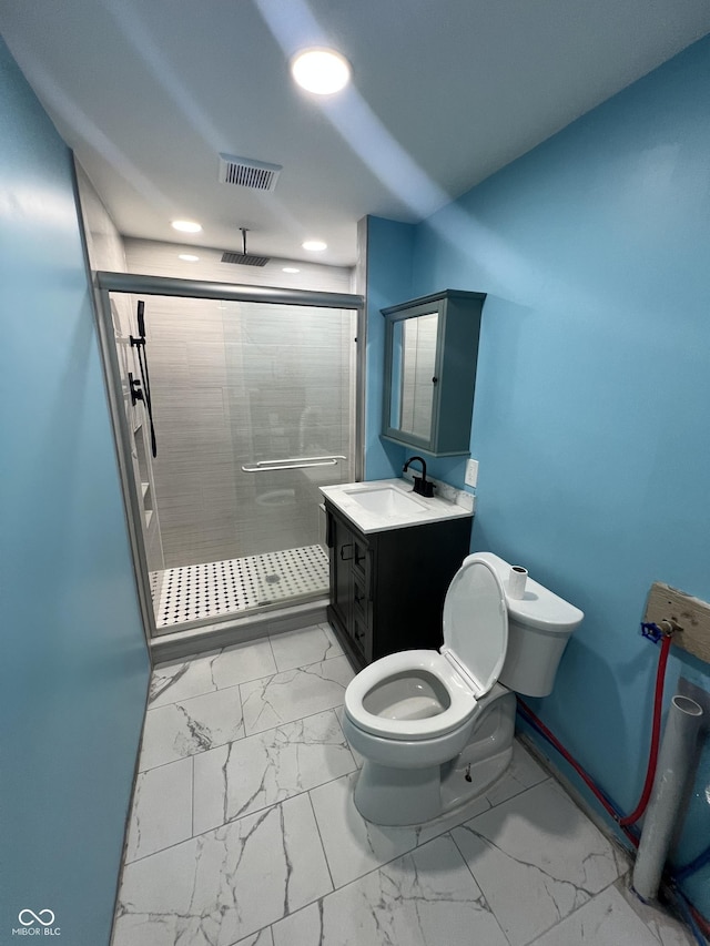 3834 N Mitthoefer Rd, Indianapolis, IN 46235 - bathroom with marble finish floors, a shower stall, vanity, and recessed lighting