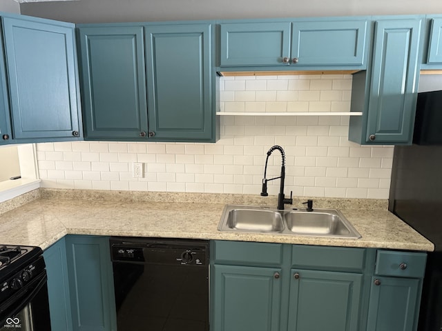 3834 N Mitthoefer Rd, Indianapolis, IN 46235 - kitchen with black appliances, light countertops, tasteful backsplash, and blue cabinets