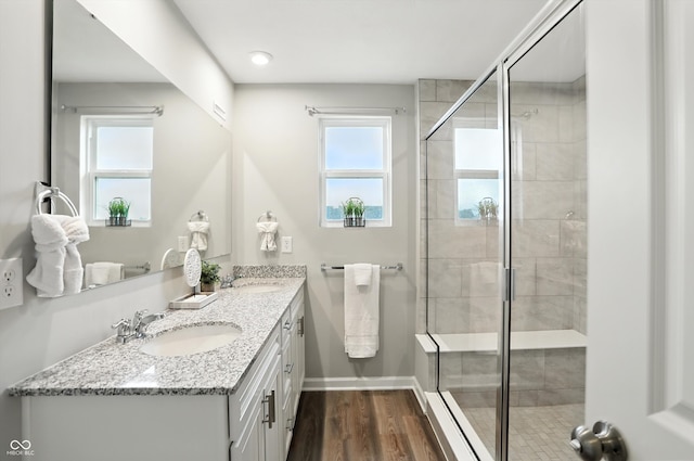 18750 Terra Vis Pl, Westfield, IN 46074 - bathroom featuring double vanity, a shower stall, and wood finished floors