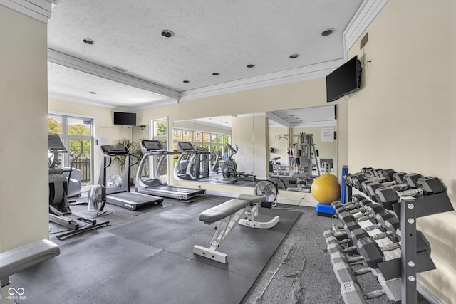 8650 Jaffa Ct W Drive 32, Indianapolis, IN 46260 - workout area featuring crown molding and a textured ceiling