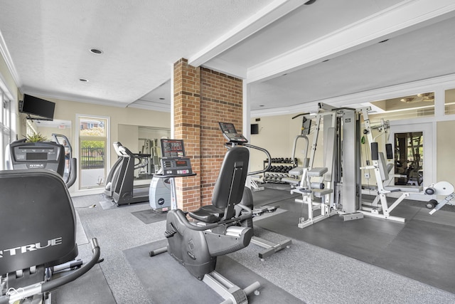 8650 Jaffa Ct W Drive 32, Indianapolis, IN 46260 - workout area featuring crown molding and beamed ceiling