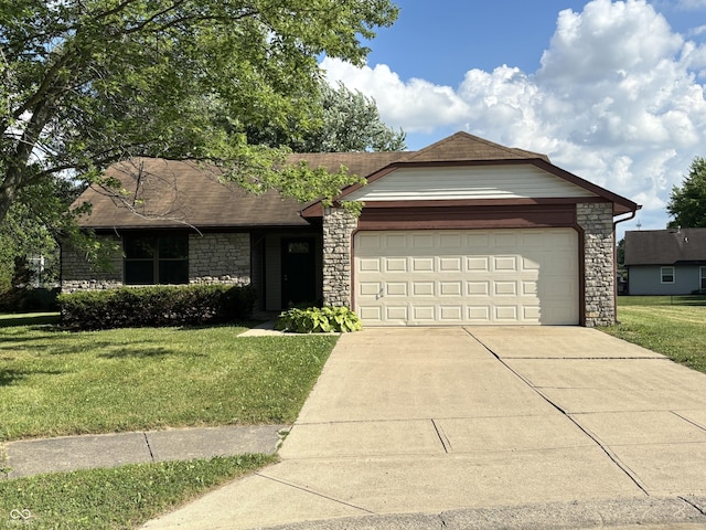 7313 Shanna Cir, Indianapolis, IN 46236 - ranch-style home featuring stone siding, a garage, and a front lawn