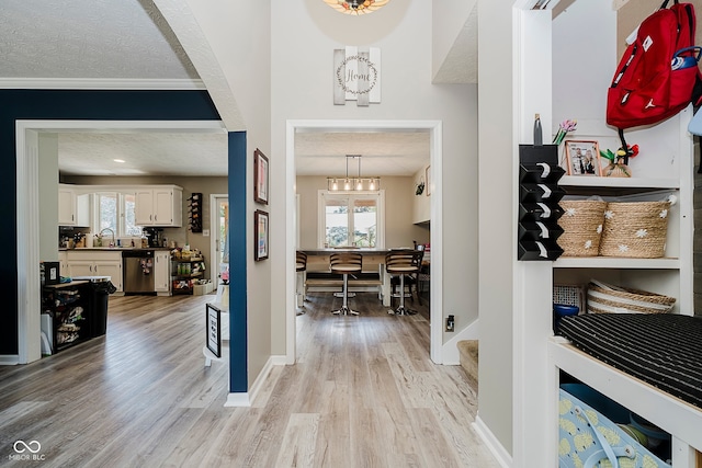 1616 Beech Cir, Plainfield, IN 46168 - entryway with a chandelier, light wood-style flooring, a textured ceiling, and ornamental molding
