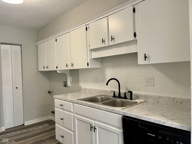 4933 Oakwood Trl, Indianapolis, IN 46268 - kitchen featuring dishwasher, dark wood-style flooring, light countertops, backsplash, and white cabinetry