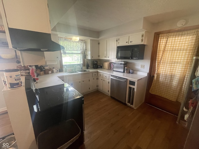 9783 Lee Ct, Columbus, IN 47203 - kitchen with dishwasher, black microwave, electric range, dark wood finished floors, and light countertops