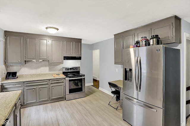 125 E Waterbury Rd, Indianapolis, IN 46227 - kitchen with stainless steel appliances, under cabinet range hood, tasteful backsplash, light wood-style floors, and gray cabinetry