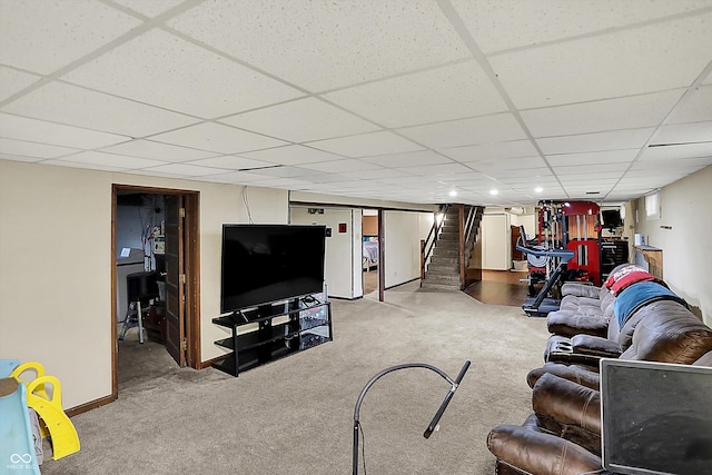 125 E Waterbury Rd, Indianapolis, IN 46227 - carpeted living room with a drop ceiling and stairs