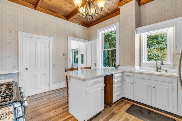 408 E Wabash Ave, Crawfordsville, IN 47933 - kitchen with stainless steel gas range, wallpapered walls, light wood finished floors, white cabinets, and wood ceiling