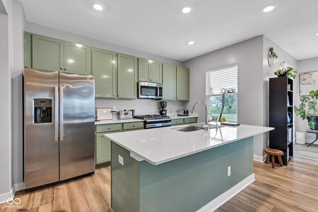 11480 Plough St, Noblesville, IN 46060 - kitchen with green cabinets, appliances with stainless steel finishes, light wood finished floors, light countertops, and recessed lighting