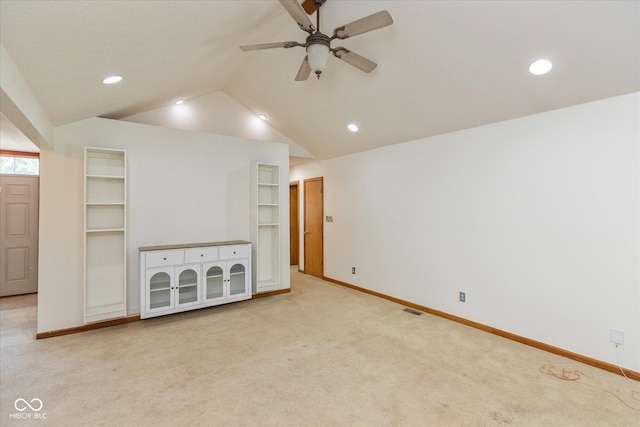 221 N Adams St, Brownsburg, IN 46112 - unfurnished living room featuring ceiling fan, carpet flooring, vaulted ceiling, and recessed lighting