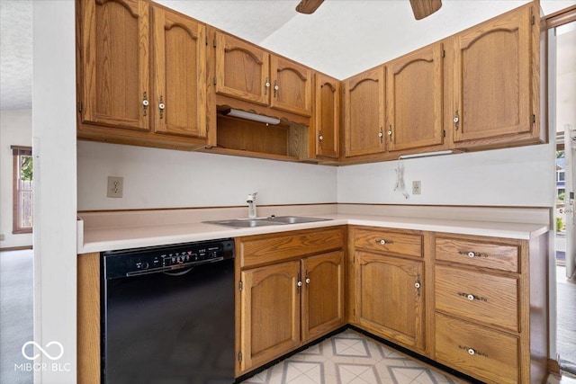 3628 Paddington Cir, Indianapolis, IN 46268 - kitchen featuring black dishwasher, brown cabinetry, light countertops, and a ceiling fan