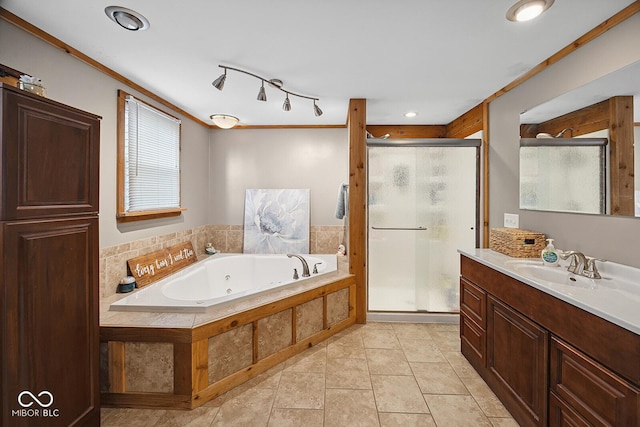 10227 E 500 S, Otterbein, IN 47970 - full bathroom featuring vanity, a stall shower, a whirlpool tub, and tile patterned floors