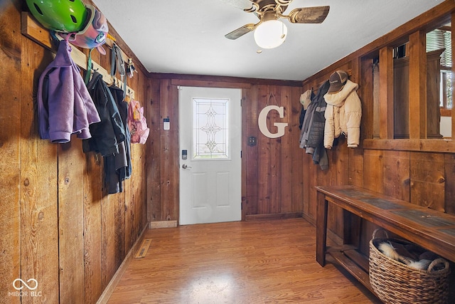 10227 E 500 S, Otterbein, IN 47970 - mudroom with wooden walls, light wood-style floors, and a ceiling fan