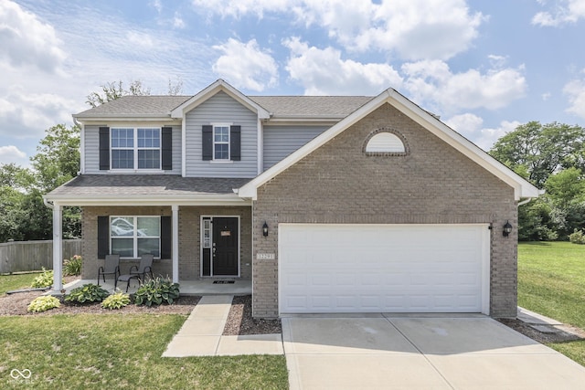 12291 Falling Leaves Trl, Indianapolis, IN 46229 - traditional-style home featuring a porch, concrete driveway, brick siding, a shingled roof, and an attached garage