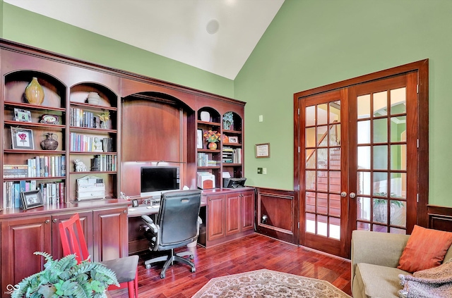 523 S 700 E, Whitestown, IN 46075 - home office featuring french doors, a wainscoted wall, dark wood-style flooring, and high vaulted ceiling