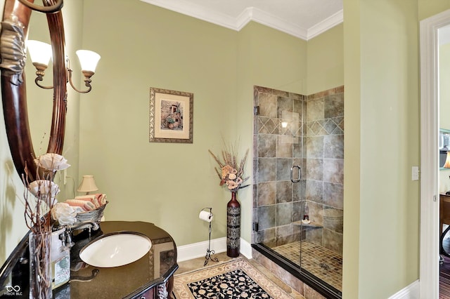 523 S 700 E, Whitestown, IN 46075 - bathroom featuring a stall shower, ornamental molding, vanity, and tile patterned floors
