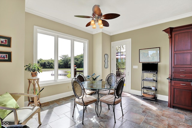 523 S 700 E, Whitestown, IN 46075 - dining room with healthy amount of natural light, ceiling fan, stone tile flooring, and crown molding