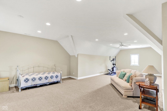 523 S 700 E, Whitestown, IN 46075 - carpeted bedroom featuring vaulted ceiling, recessed lighting, and a ceiling fan