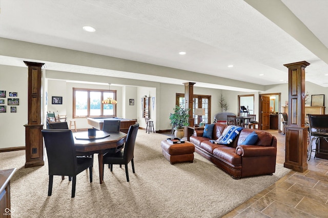 523 S 700 E, Whitestown, IN 46075 - living room featuring ornate columns, recessed lighting, a textured ceiling, and billiards
