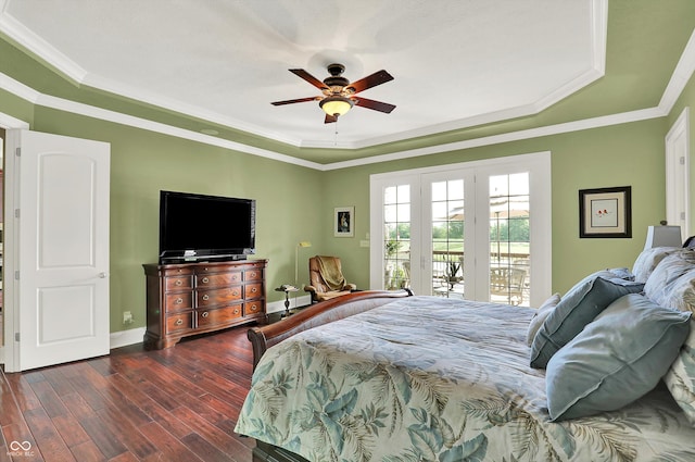 523 S 700 E, Whitestown, IN 46075 - bedroom featuring access to outside, a tray ceiling, dark wood finished floors, crown molding, and a ceiling fan