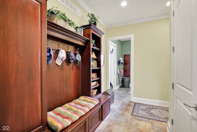 523 S 700 E, Whitestown, IN 46075 - mudroom featuring crown molding, light stone finish floors, and recessed lighting
